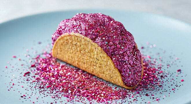Hard shell taco filled with shiny pink glitter and sprinkles