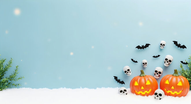 Halloween pumpkins skulls and bats on a light blue background with snow and foliage