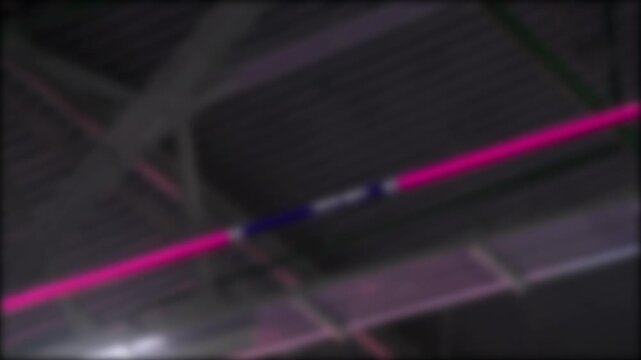An athlete performs a pole vault at an athletics competition in an indoor athletics stadium.