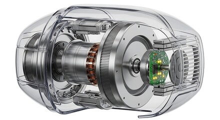 Naklejka premium Detailed 3d render of electric motor internal components with translucent casing showing gears and circuit board
