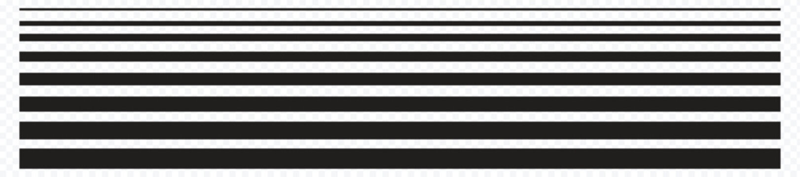 Lines from thin to thick. Set of 8 straight, parallel horizontal