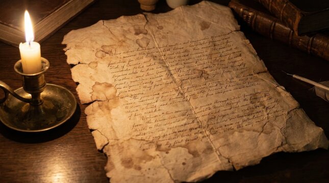 Antique aged parchment paper with faded handwritten script and ink stains on a dark wooden desk next to a glowing candle in a brass holder and old leather-bound books.