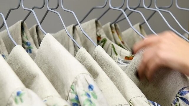 A close-up of a girl's hands looking through an assortment of clothes neatly hung on a metal hanger.