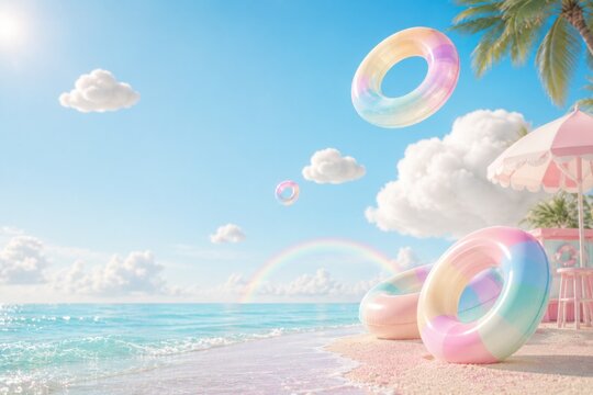 dreamy pastel beach scene with floating clouds and rainbow pool rings, cute modern summer aesthetic,