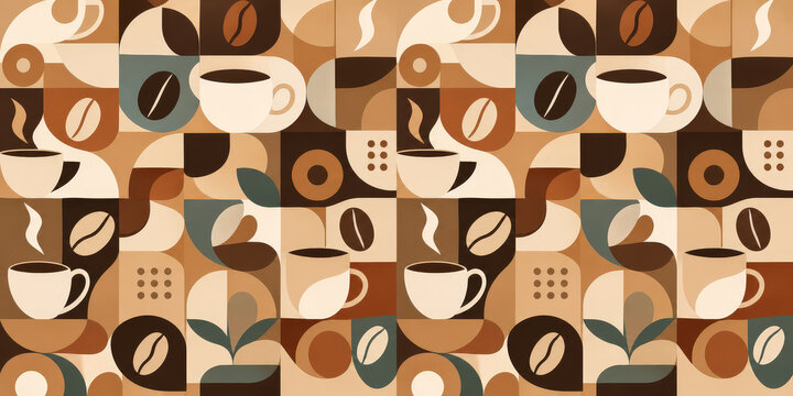 Geometric mosaic pattern of coffee cups, coffee beans, and abstract shapes in shades of brown, cream, and beige.