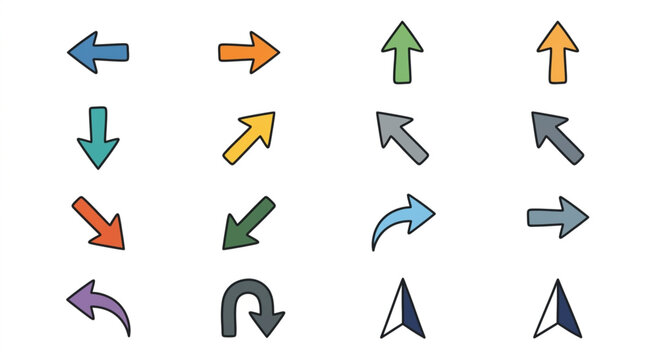 Collection of colorful directional arrows in various shapes and orientations.