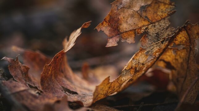Close-up macro photograph of decomposing brown autumn leaves on the forest floor showing intricate skeletal vein patterns and fragmented edges with a shallow depth of field.
