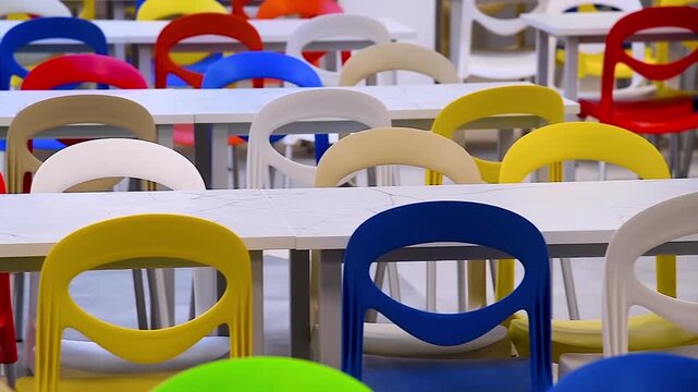 A large school cafeteria with long rows of tables and colorful chairs.