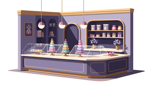 Charming purple bakery interior with display cases and shelves.