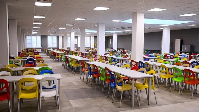A large school cafeteria with long rows of tables and colorful chairs.