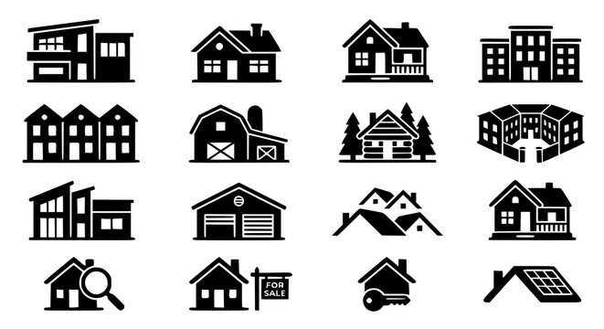 Minimal Black House Vector Icon Collection with Residential Building Symbols