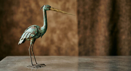 Fototapeta premium Weathered bronze heron bird sculpture with green patina on a table