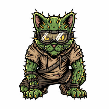 Spiky Green Zombie Cat Wearing Goggles and Ripped Clothes.