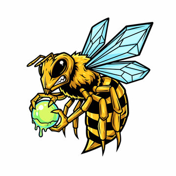 Angry Bee Holding Glowing Green Orb with Dripping Liquid.