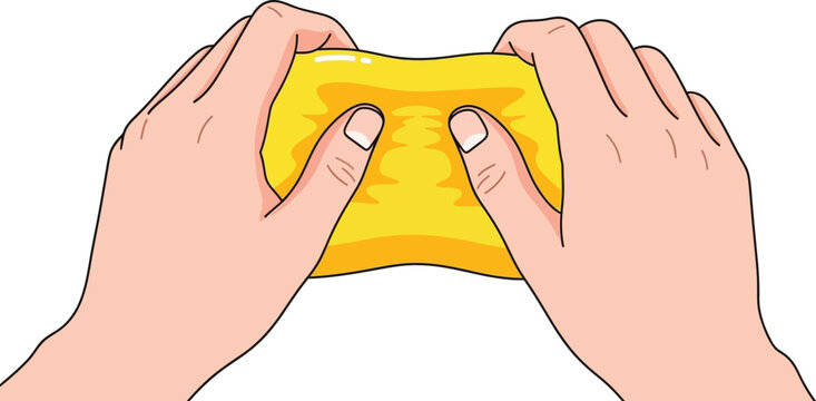 Hands squeeze a bright yellow sponge, demonstrating the soft, porous texture and flexible material of a cleaning tool.
