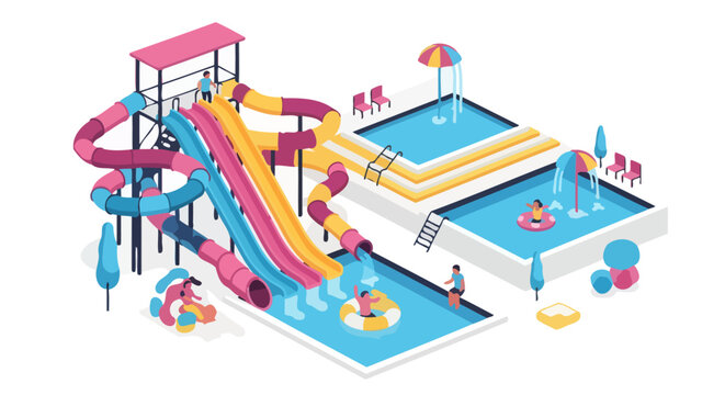 Isometric Water Park with Colorful Slides and Swimming Pools.