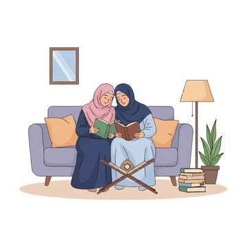 Illustration of two Muslim women wearing hijabs and long dresses sitting on a sofa reading books, featuring a Quran stand, a floor lamp, a potted plant, and stacks of books.