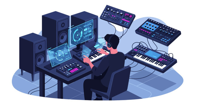Music Producer Creating Electronic Music in Home Studio with Synthesizers and Monitors.