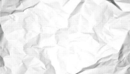 Fototapeta premium Halftone crumpled paper texture with black a dotted, rough, and wrinkled surface. Wite creased sheet background in comic pop-art style, featuring grainy folds and gritty distressed details.