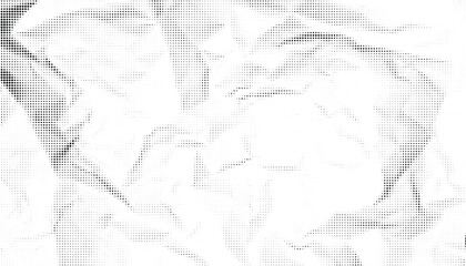 Fototapeta premium Halftone crumpled paper texture with black a dotted, rough, and wrinkled surface. Wite creased sheet background in comic pop-art style, featuring grainy folds and gritty distressed details.