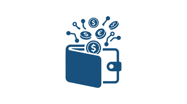 Digital Wallet and Money Transfer Vector Icon - Wallet with Floating Coins and Network Nodes