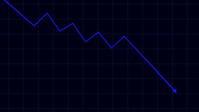 Business chart showing decrease with blue arrow on dark grid background