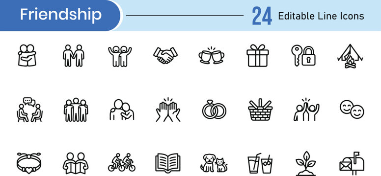Friendship icon set 24 editable line icons for social connection and relationships