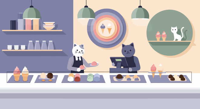 Anthropomorphic cats working in a dessert shop.