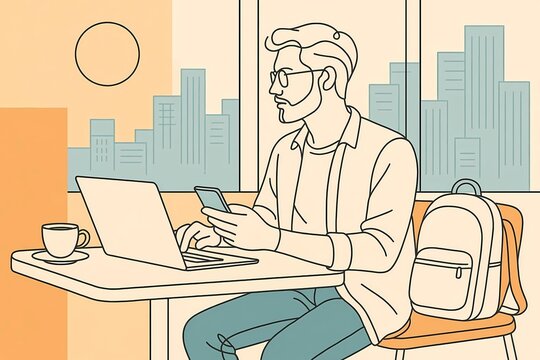 Digital Nomad Working on Laptop in City Coffee Shop Vector