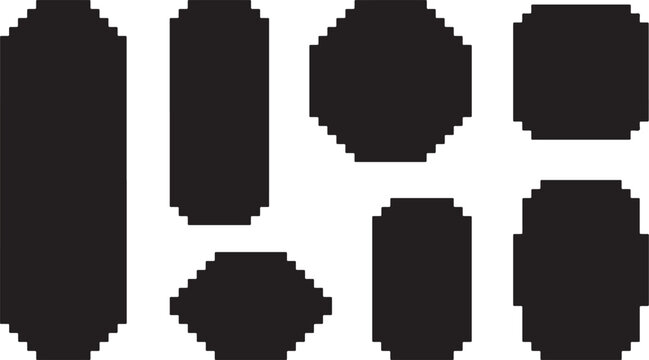 Set of solid pixel art geometric shapes and badges with geometric elements videogame collection silhouette
