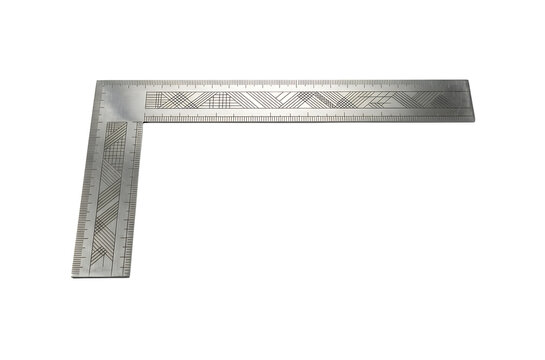 Professional metal try square tool, silver steel carpenter square with measurement scale, industrial construction ruler for woodworking and engineering isolated on Transparent Background