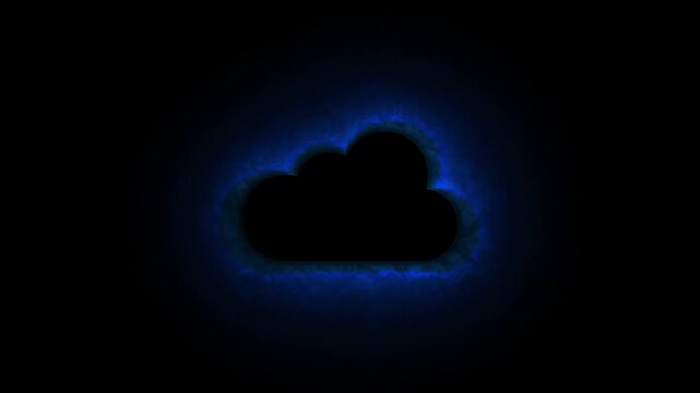 Blue cloud icon with glowing effect on black background, abstract digital technology concept motion