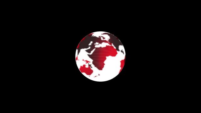 Rotating digital earth globe loopable animation with red and white map continents on black background