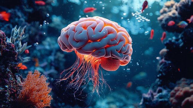 Colorful coral reefs and fish frame a floating brain jellyfish.