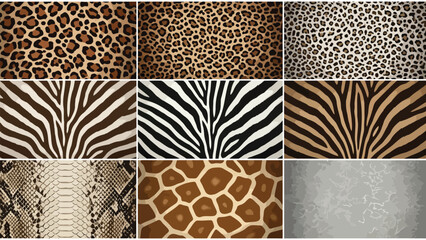 Obraz premium A captivating collection of diverse wild animal skin patterns, showcasing exotic textures like leopard, zebra, giraffe, and snake, perfect for naturalistic design backgrounds and fashion textiles