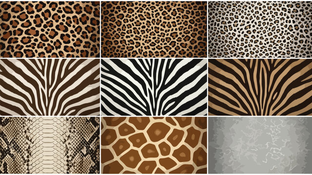 A captivating collection of diverse wild animal skin patterns, showcasing exotic textures like leopard, zebra, giraffe, and snake, perfect for naturalistic design backgrounds and fashion textiles