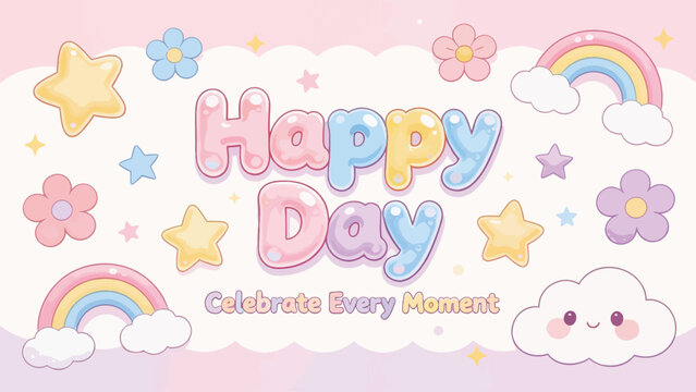 Kawaii Happy Day Rainbow Stars Flowers Clouds Vector