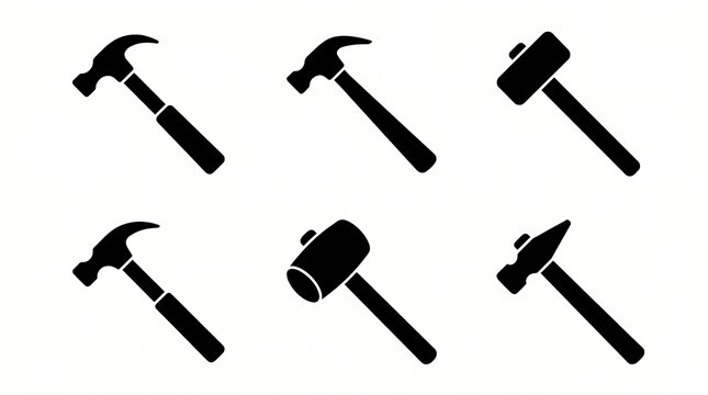 Hammer icons in silhouette style showing claw, mallet, sledge, and cross‑peen variations symbolizing tools, construction, and craftsmanship.
