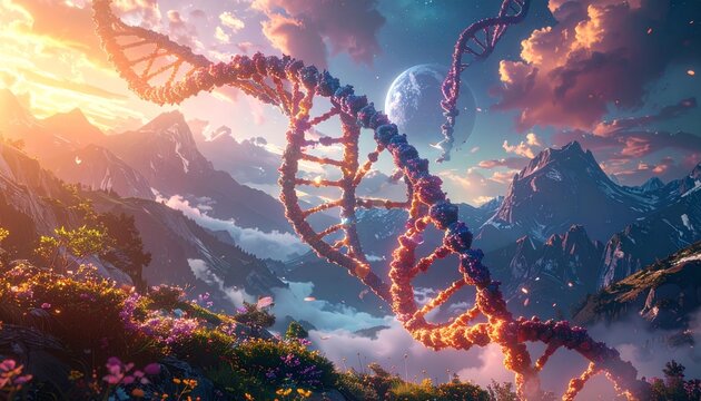 An abstract vector illustration of a glowing blue DNA helix structure transforming into an amusement park roller coaster ride against a night sky