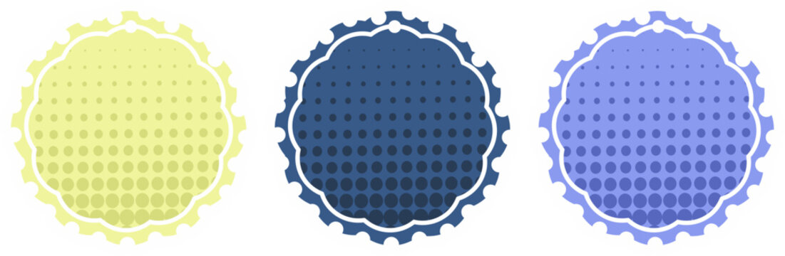 dodecagon badge set with gear-like serrated edges and halftone dot pattern gradient decorations.