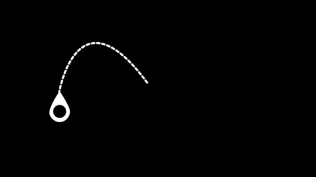 Animated aviation travel route, airplane moving along dotted path with location pins, simple tourism motion graphic for travel stories, black background alpha channel 4k video