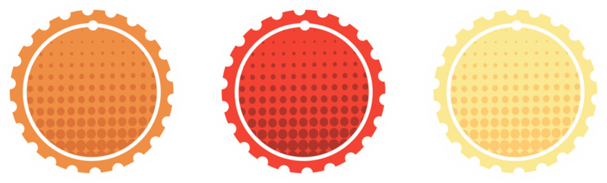 Set of colorful abstract circle frame illustrations with gear-like cog edges and halftone dot shading pattern gradient effect inside the objects.