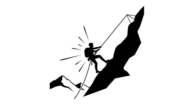 Silhouette of a rock climber rappelling down a steep mountain cliff side