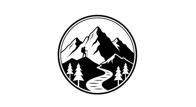 Vector black and white round mountain hiker logo icon with river, trees, and alpine peaks for outdoor adventure branding