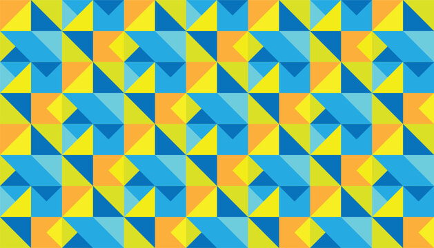 Seamless geometric mosaic pattern with colorful abstract triangles and squares, modern vibrant repeating background