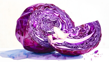 Obraz premium Red cabbage sliced in a botanical illustration showcasing deep purple interior and layered rings creating a professional detailed cross section masterpiece atmosphere watercolor painting generative AI