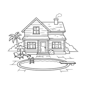 House with swimming pool and backyard coloring page illustration