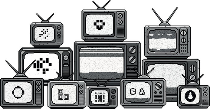 Stack of vintage televisions with glitchy screens and pixel art television technology broadcast collection entertainment electronics monochrome pixelated retrostyle receiver illustration