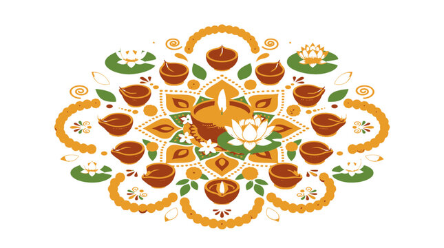 Festive rangoli design with lotus flowers and glowing diyas