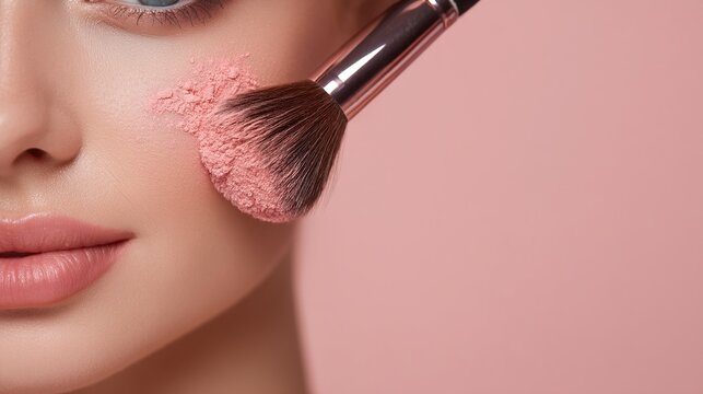 Close up of a woman applying blush on her cheek with a makeup brush showcasing beauty techniques and products for flawless skin and makeup looks. Generative AI